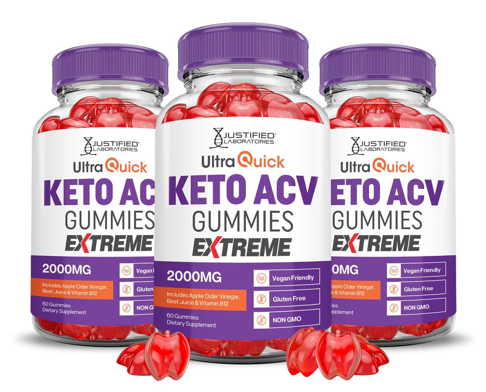 Justified Laboratories Ultra Quick Keto ACV Gummies 3-pack front view for on-the-go support.