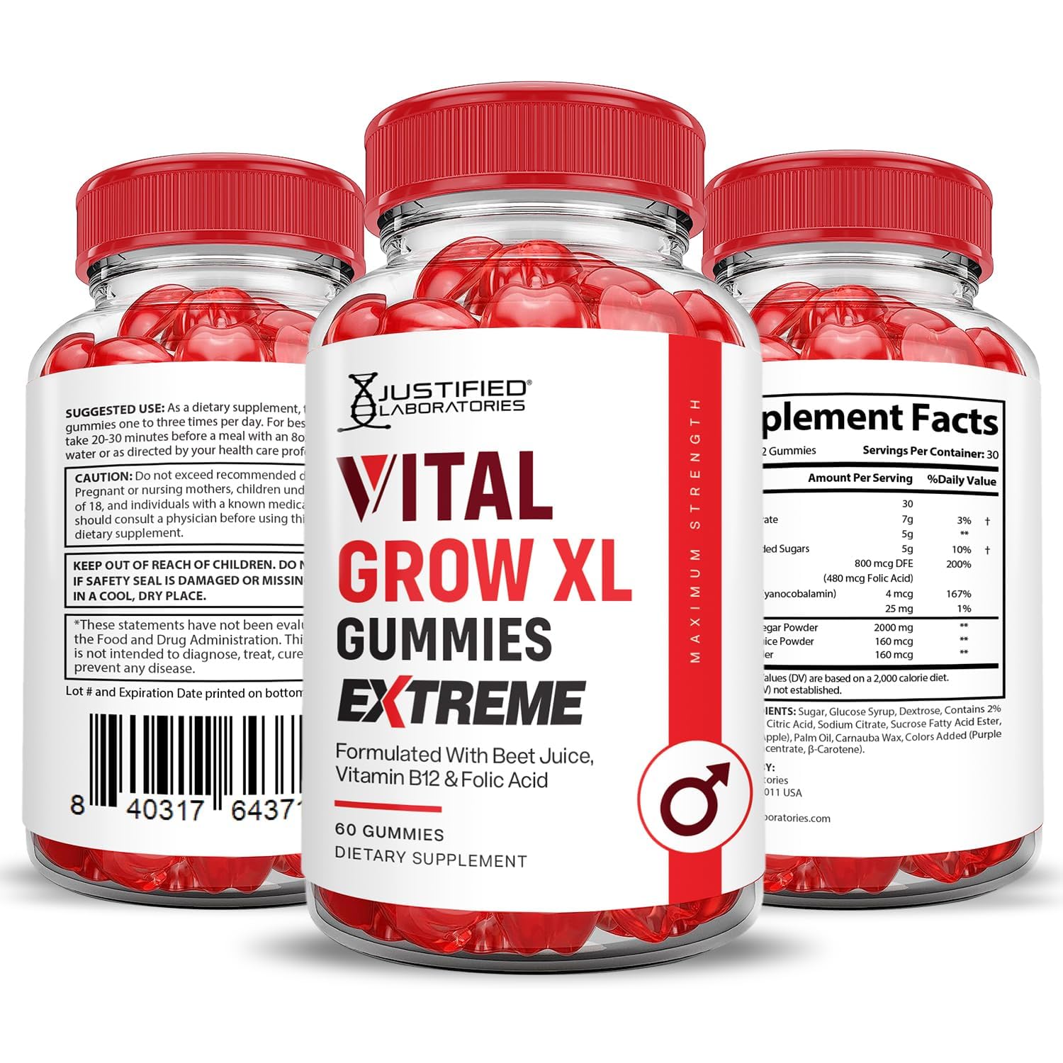 Justified Laboratories Vital Grow XL Extreme pectin-based gummies for a soft, chewy bite.
