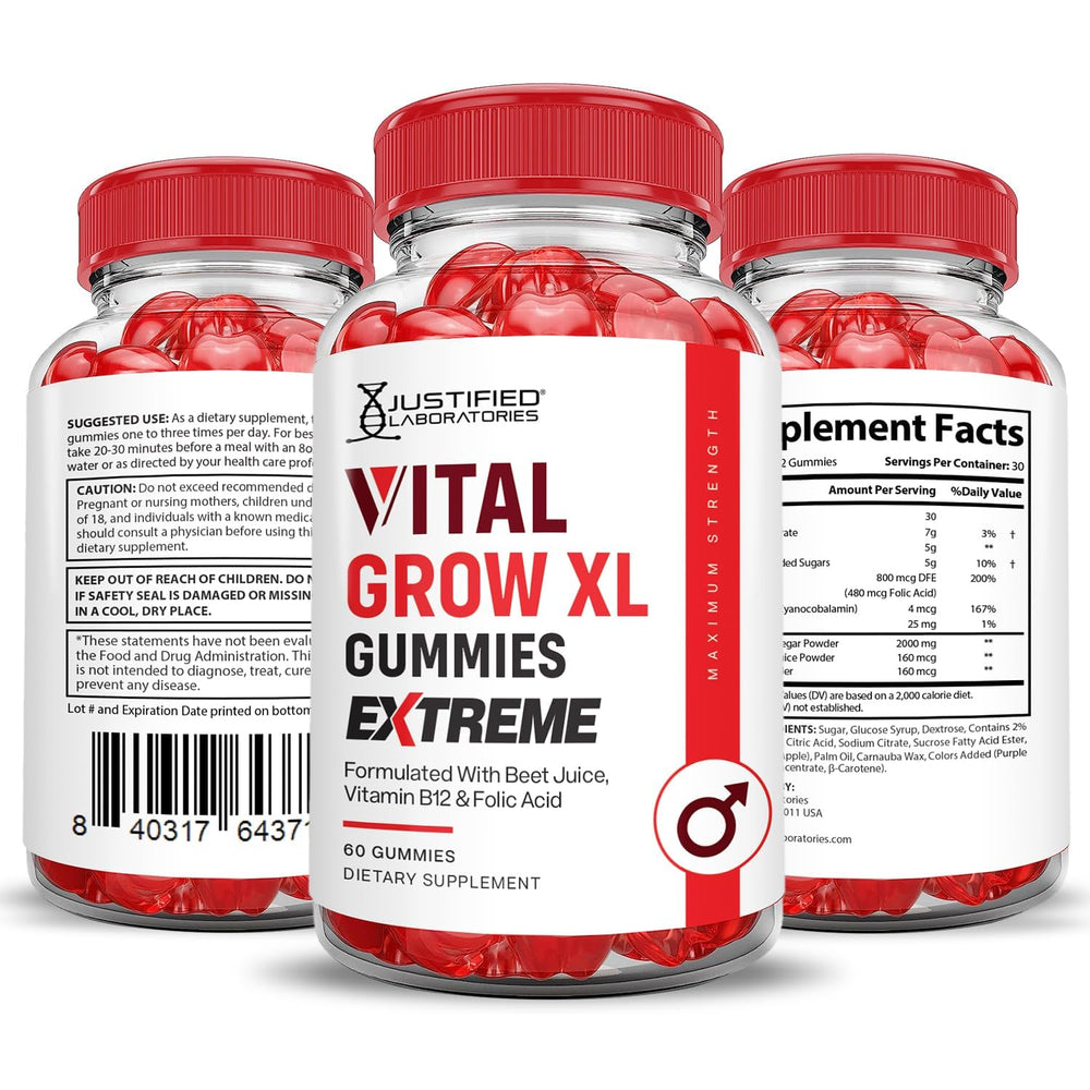 Justified Laboratories Vital Grow XL Extreme pectin-based gummies for a soft, chewy bite.