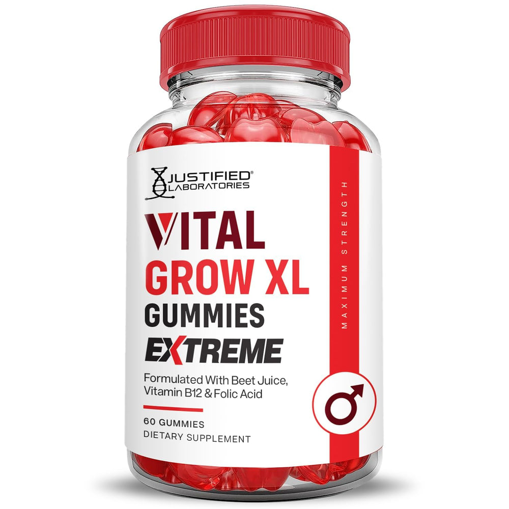 Justified Laboratories Vital Grow XL Extreme packaging—clear vegan, non-GMO labeling.