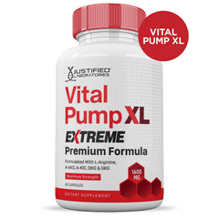 Justified Laboratories Vital Pump XL Extreme capsules close-up showing easy-to-swallow daily dose