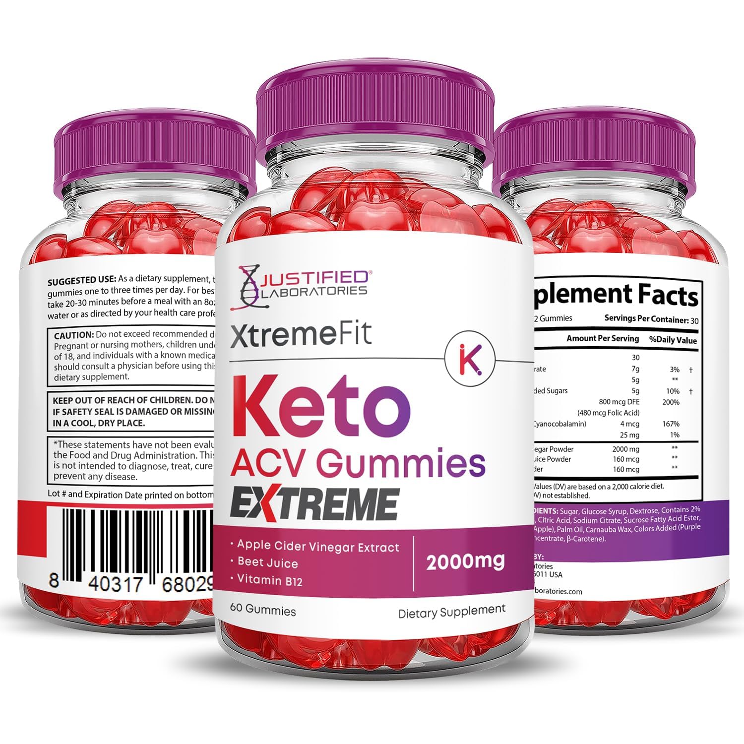 Justified Laboratories Xtreme Fit Keto ACV Gummies featuring B12 for energy.