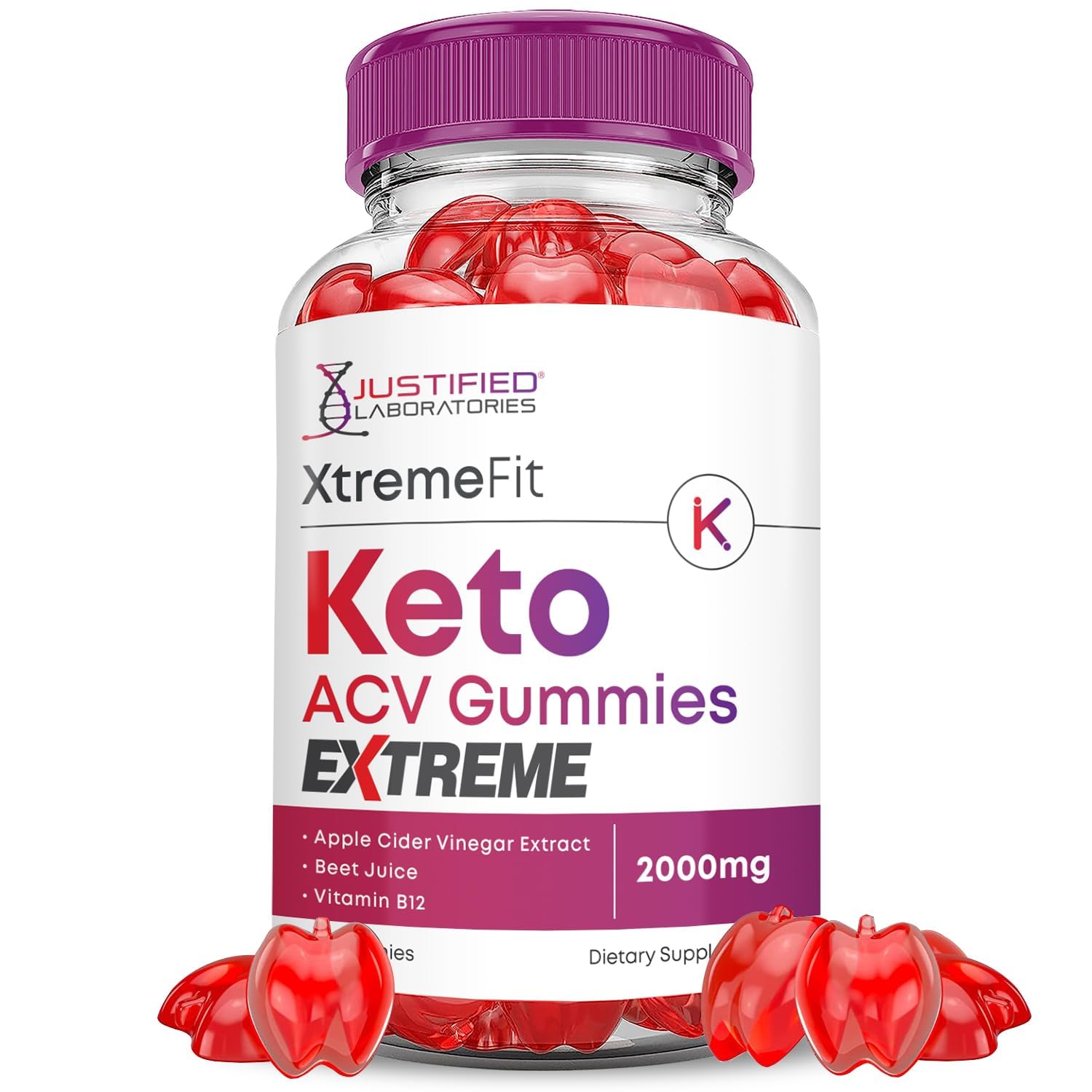 Justified Laboratories Xtreme Fit Keto ACV Gummies bottle front for daily support.