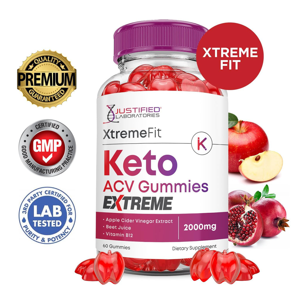 Justified Laboratories Xtreme Fit Keto ACV Gummies with beet juice and B12 ingredients.