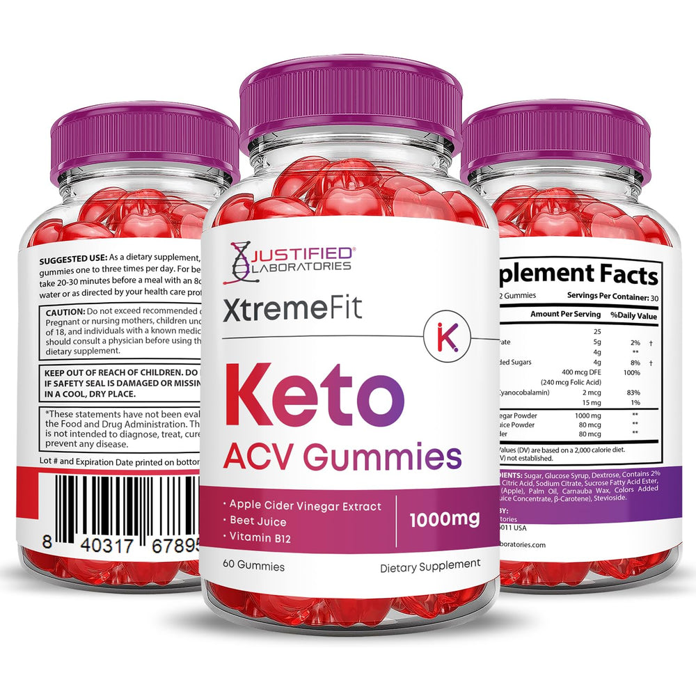 Justified Laboratories Xtreme Fit Keto ACV Gummies packaging shows convenient daily supplement