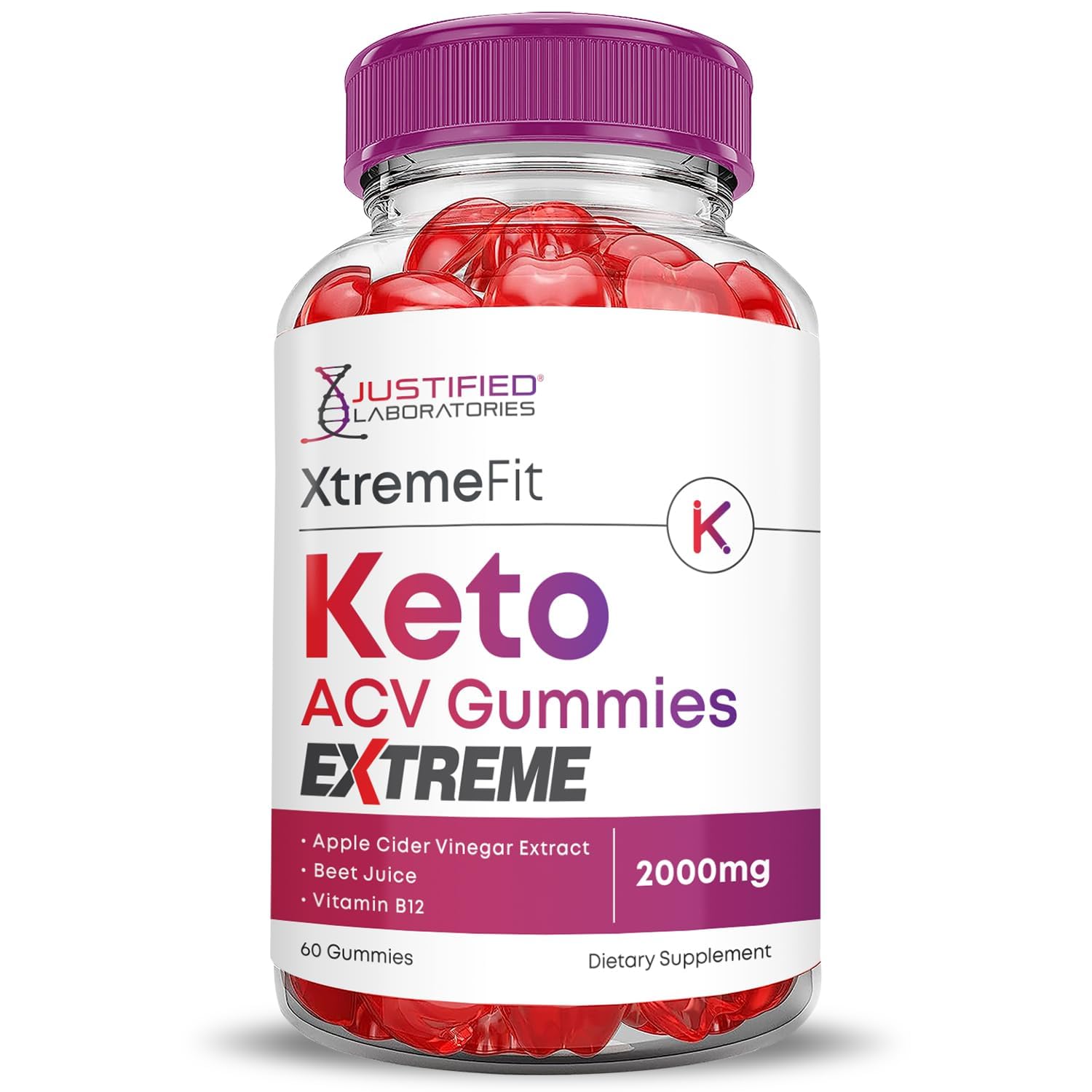 Justified Laboratories Xtreme Fit Keto ACV Gummies with pomegranate notes.