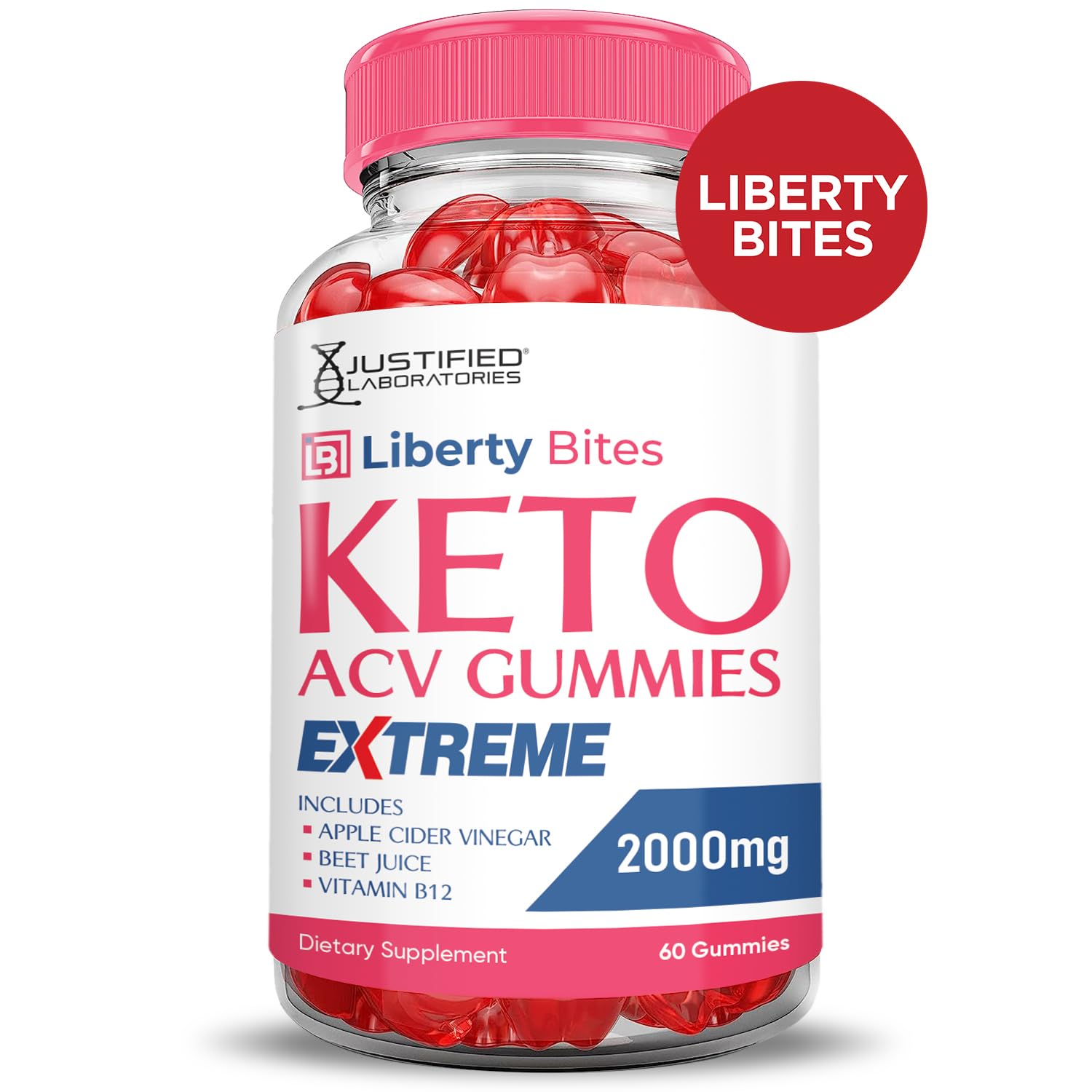 Justified Laboratories Liberty Bites Keto ACV Gummies Extreme beet-pomegranate juice powder for color and flavor.