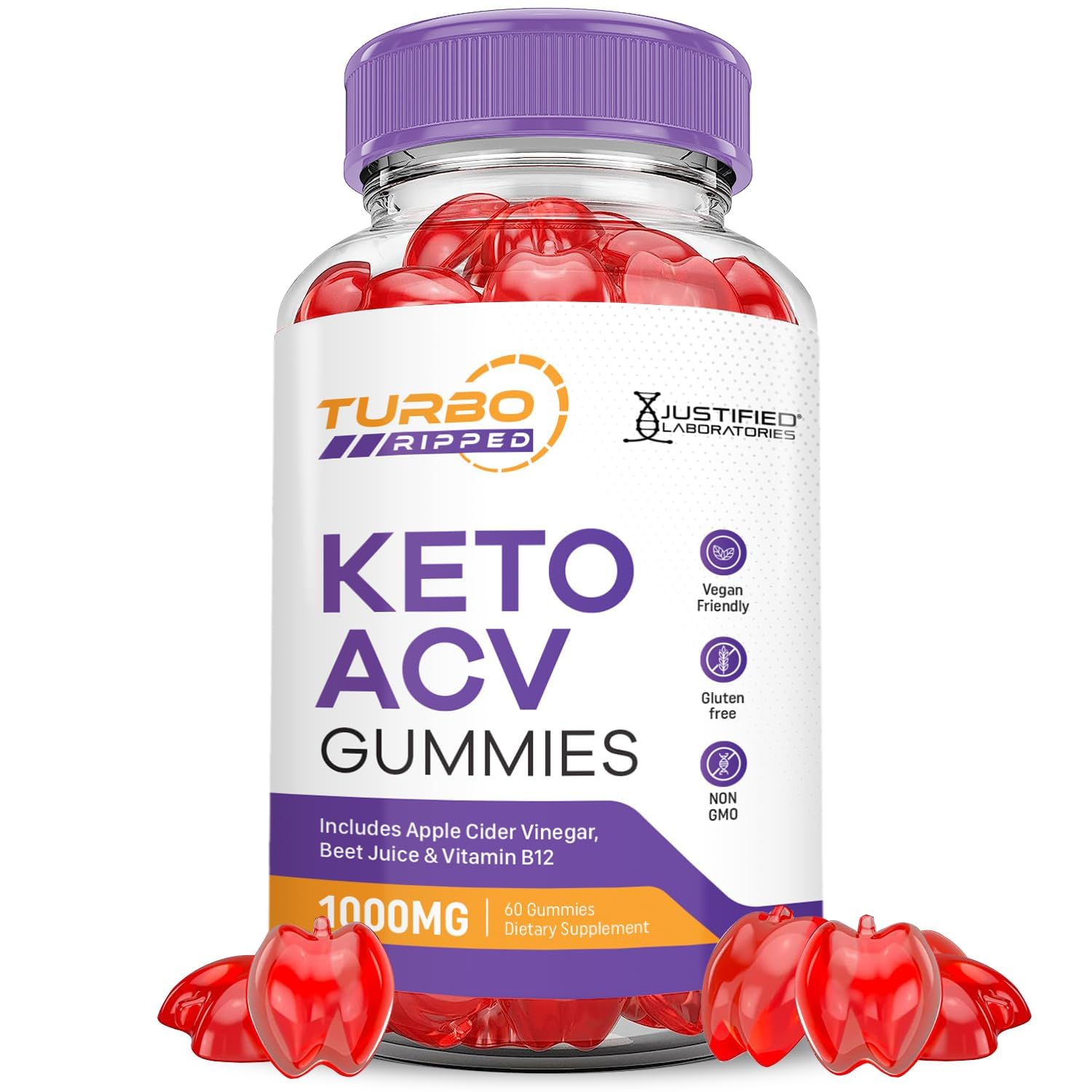Justified Laboratories Turbo Ripped Keto Gummies bottle for convenient daily supplementation.
