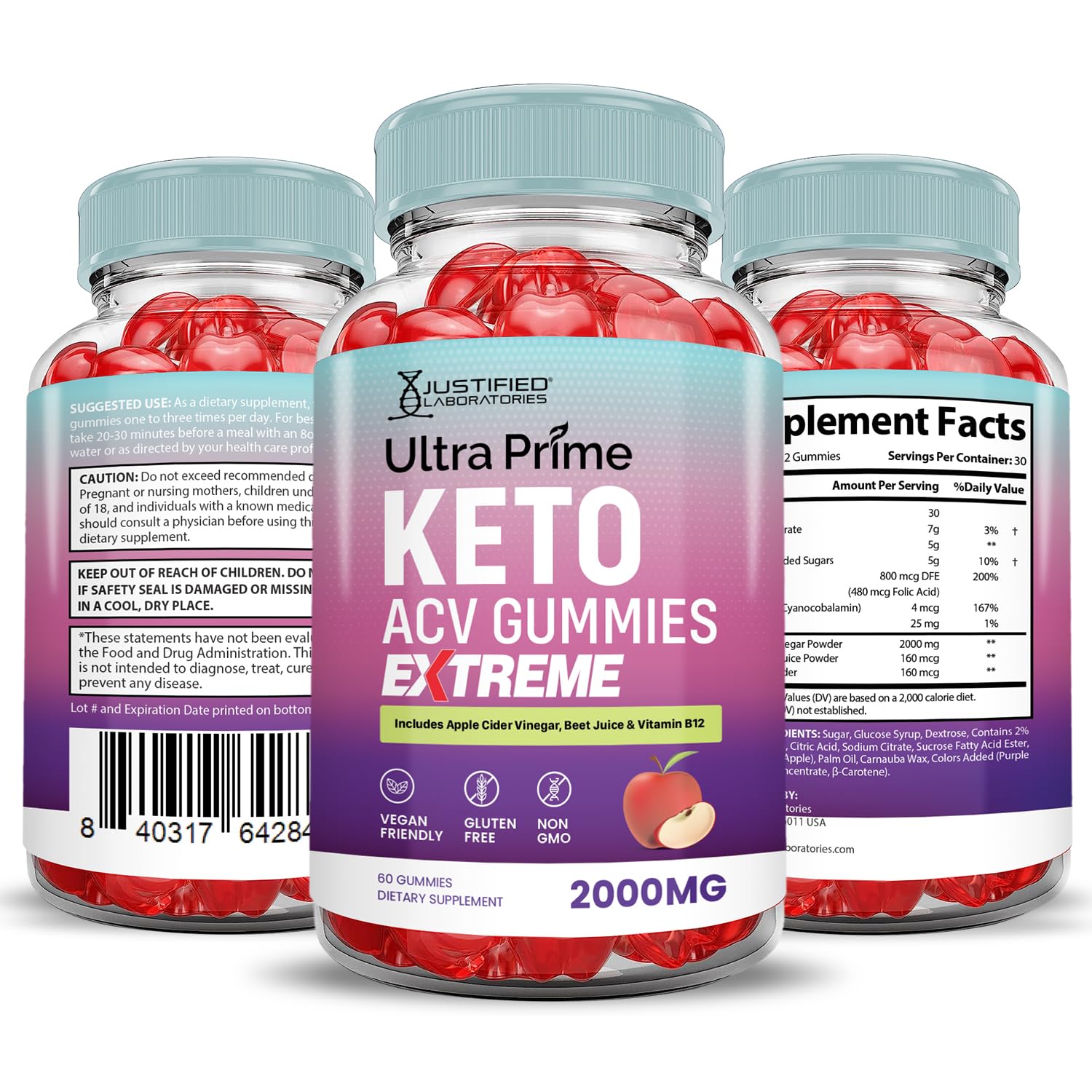 GMP-certified facility badge near Justified Ultra Prime Keto ACV Gummies packaging.