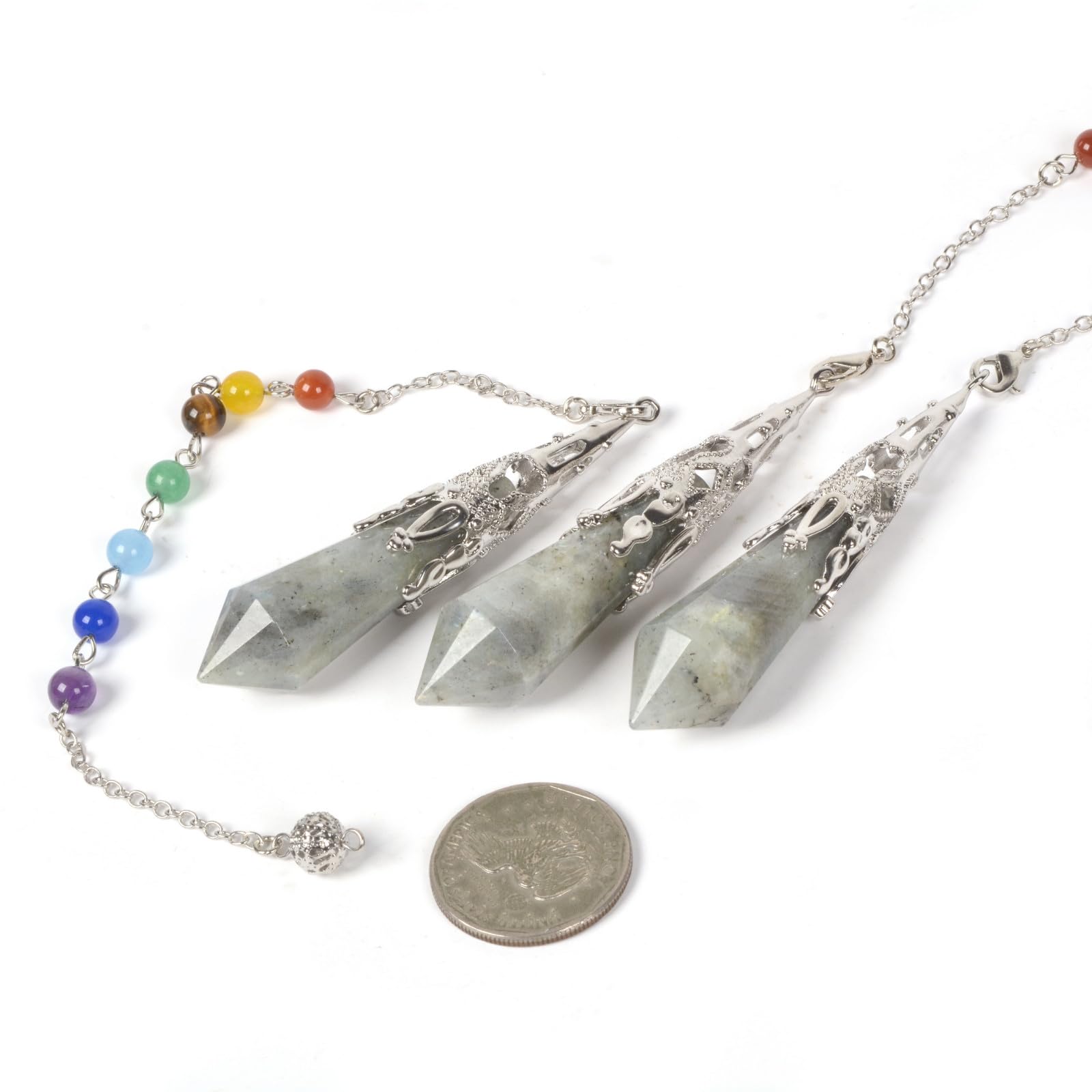 Justinstones 7-chakra dowsing pendulum helps focus energy during divination.