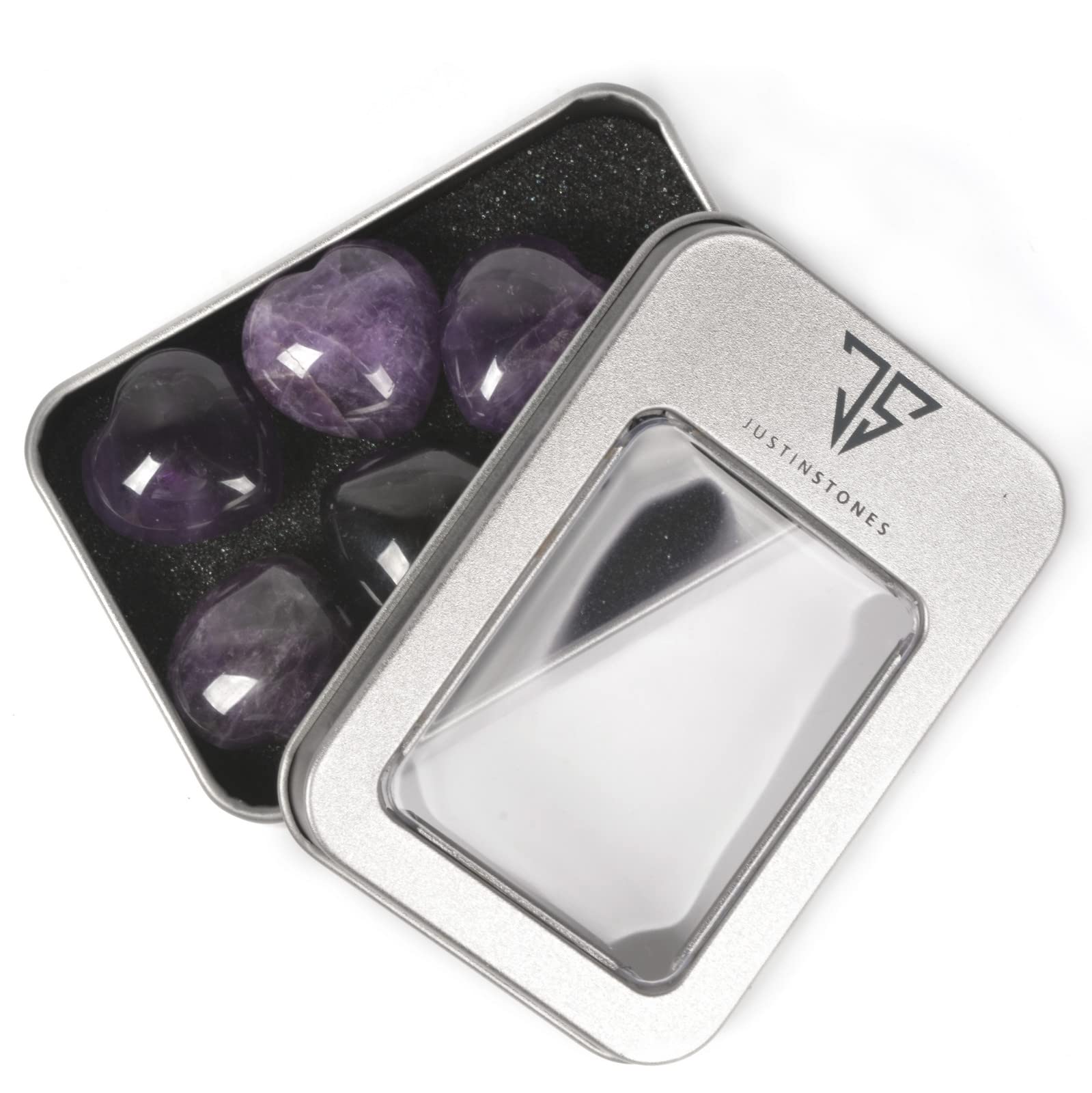 Justinstones amethyst heart stones in iron gift box, ready for gifting