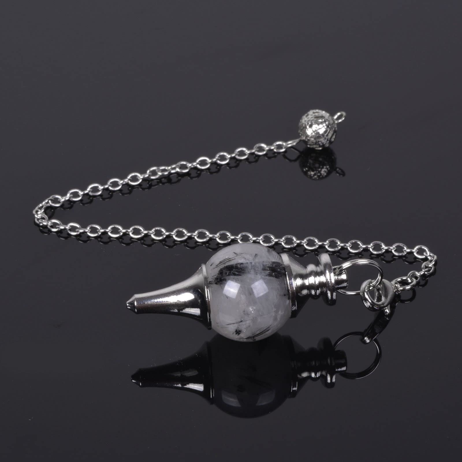 Justinstones black rutilated quartz pendulum bead close-up, 18–20mm, ideal for tactile use.