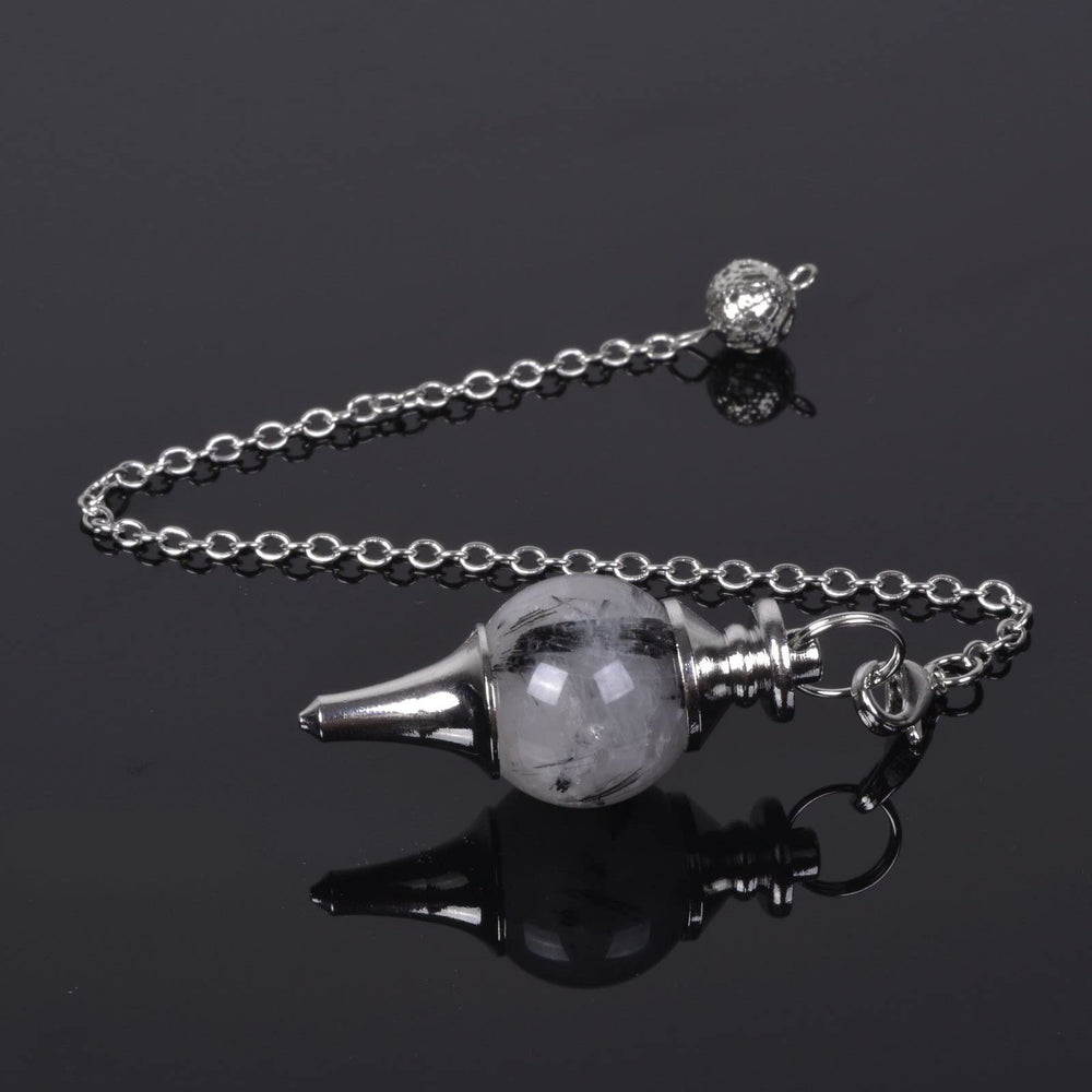 Justinstones black rutilated quartz pendulum bead close-up, 18–20mm, ideal for tactile use.