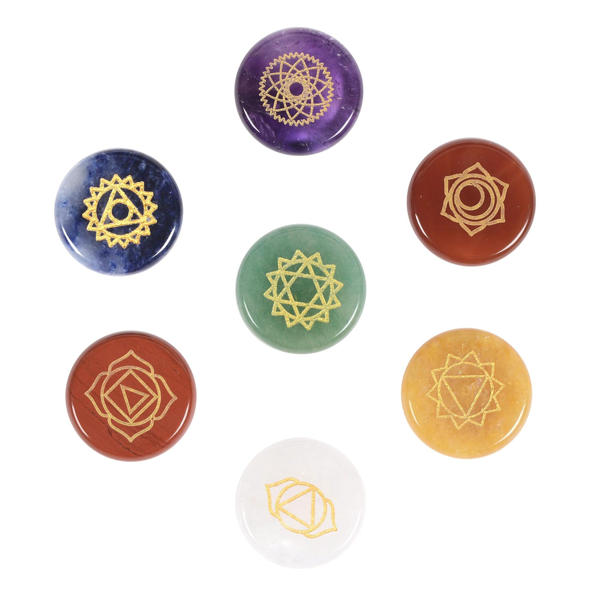 Justinstones chakra stones set with engraved symbols for meditation and energy balancing.
