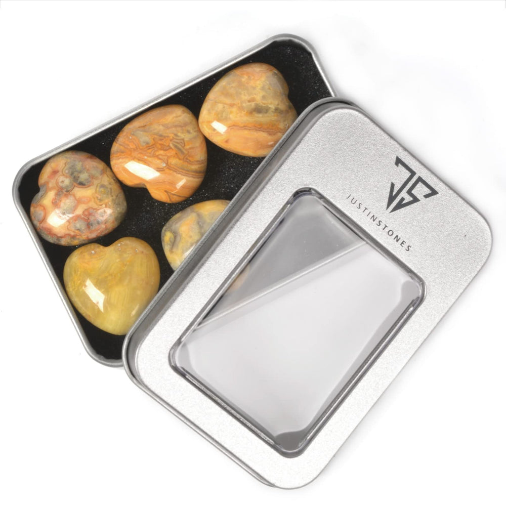 Justinstones Crazy Lace Agate Heart Stones in hand imply pocket energy use