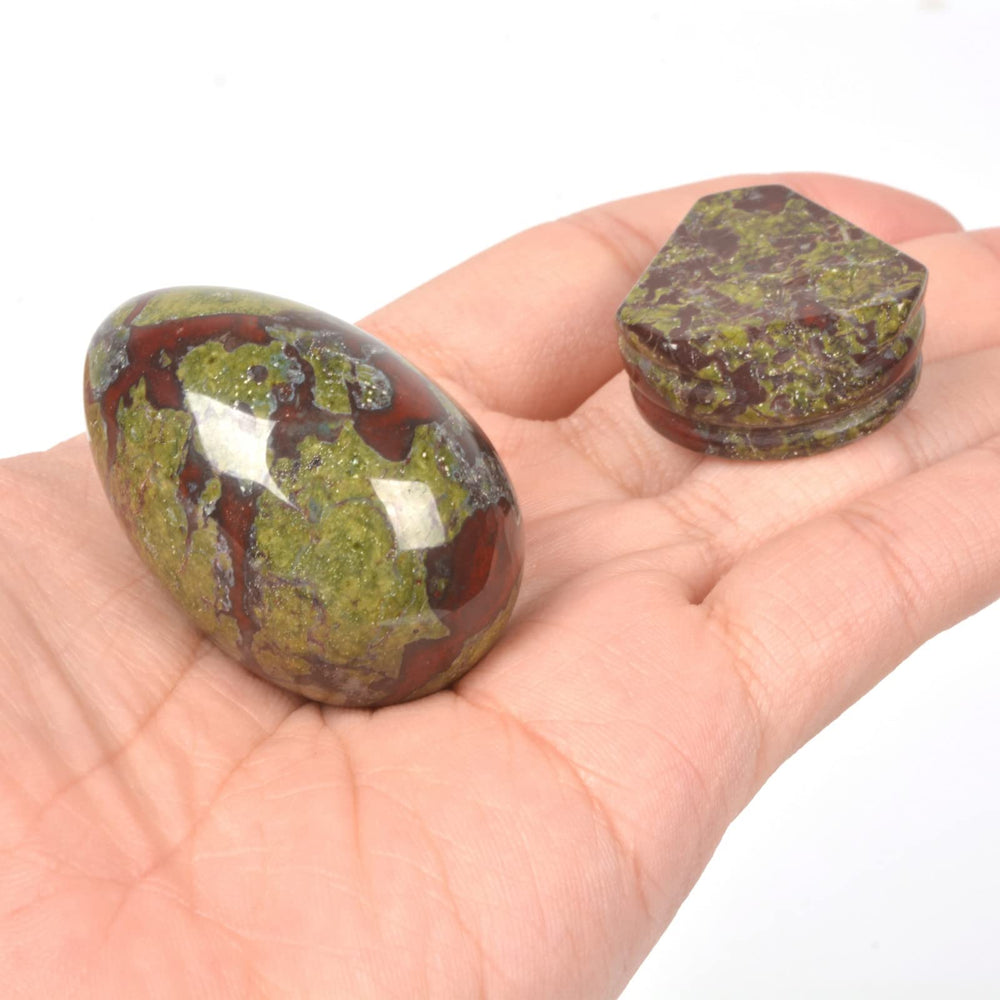 Justinstones dragon blood jasper egg close-up shows natural color variations