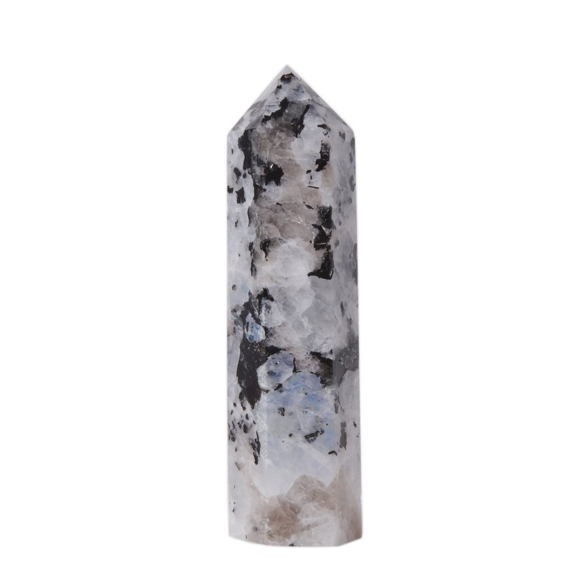 Justinstones large moonstone hexagonal wand – front view, ideal for meditation and chakra balancing.