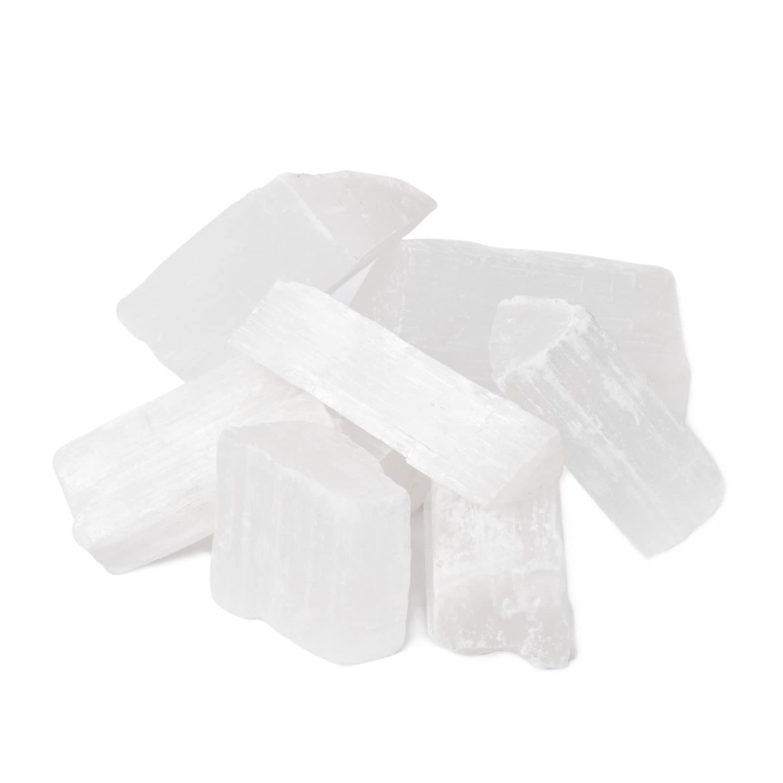 Justinstones large white selenite specimen collection for display and calm ambiance.