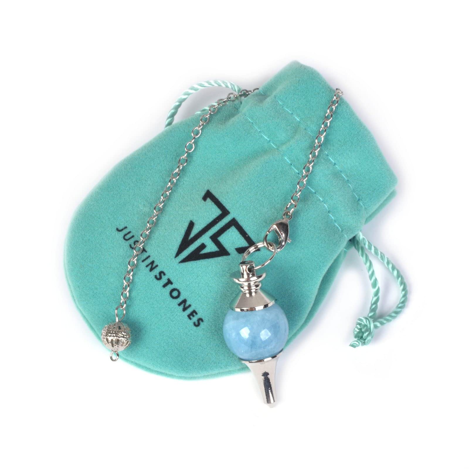 Justinstones logo pouch included to protect the aquamarine pendulum.
