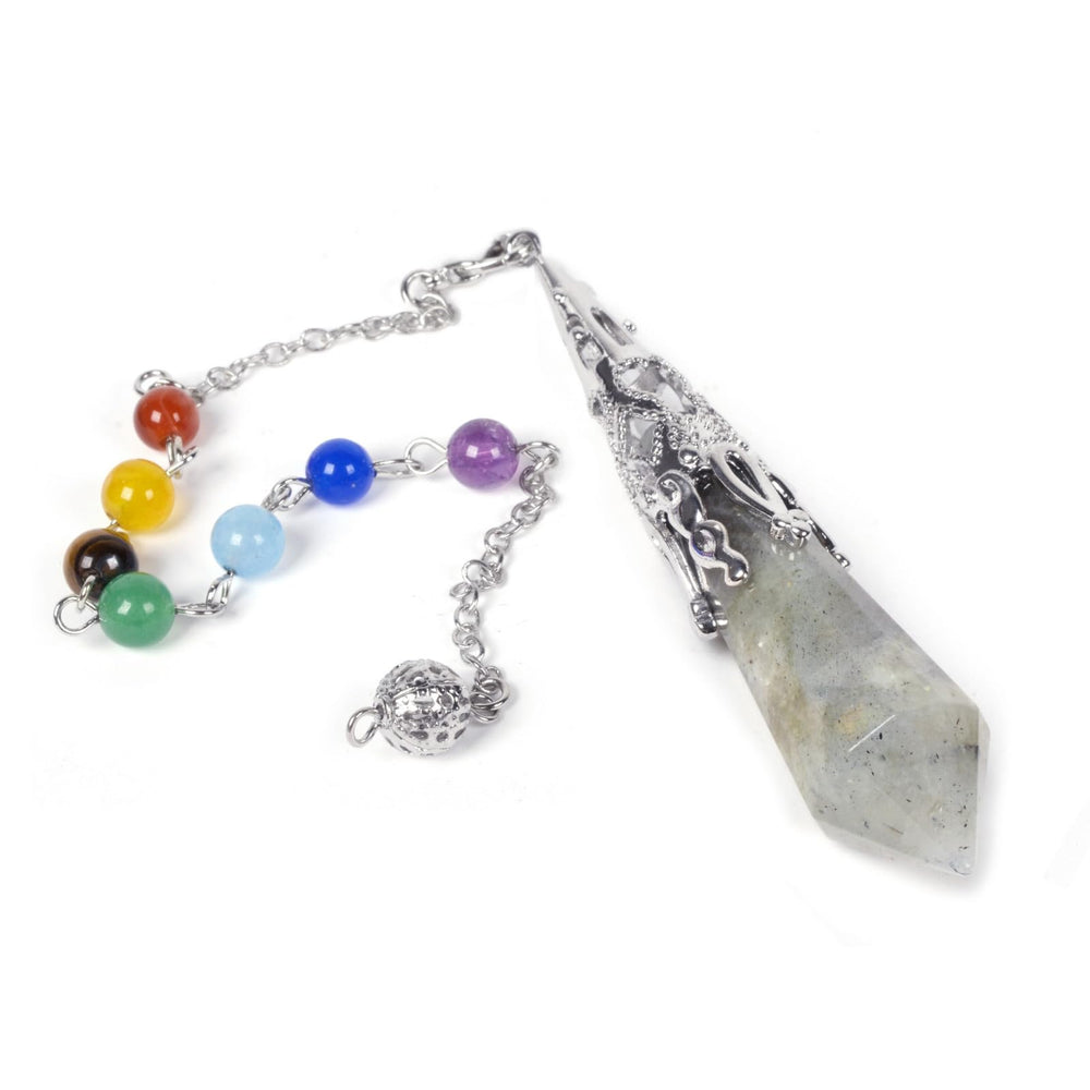Justinstones natural labradorite 12-faceted pendulum aids meditation and chakra balancing.