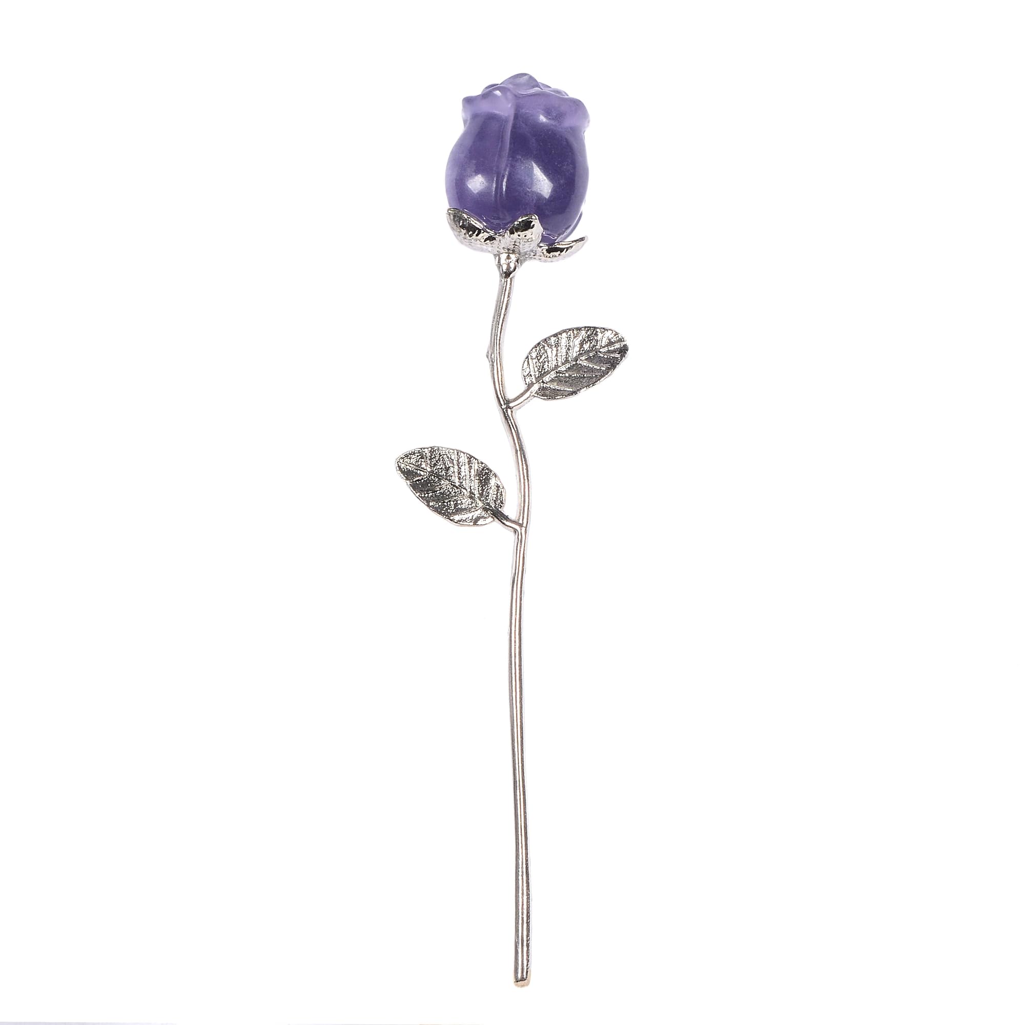 Justinstones Purple Fluorite Rose on a silver-plated copper stem for elegant desk decor.