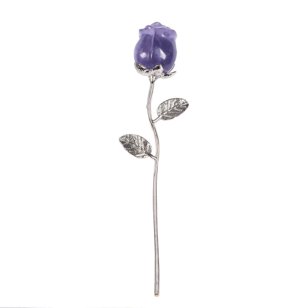 Justinstones Purple Fluorite Rose on a silver-plated copper stem for elegant desk decor.