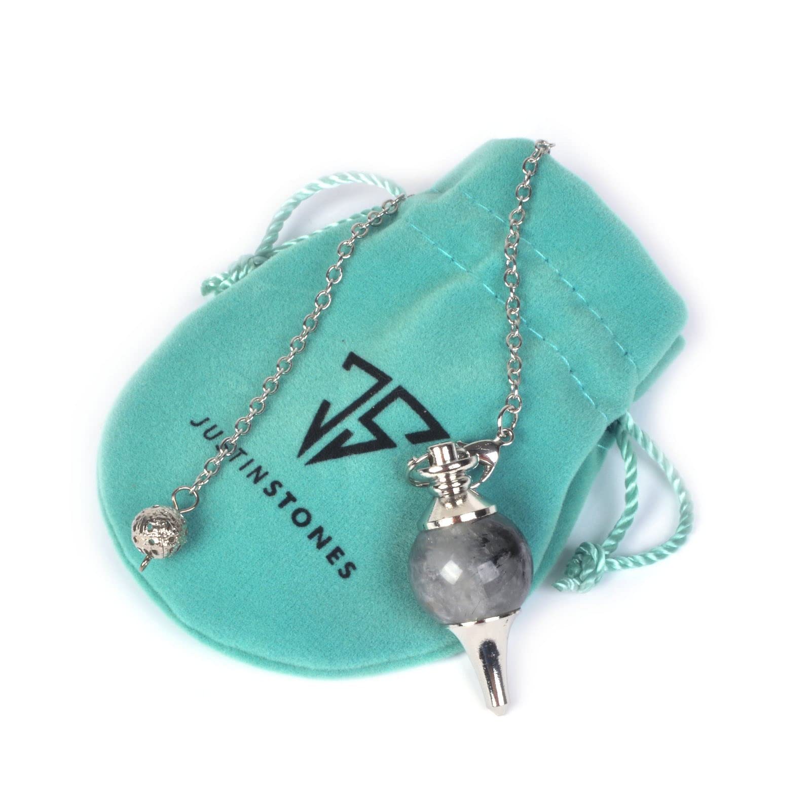 Justinstones rutilated quartz pendulum shown ready to wear as a necklace or gift.