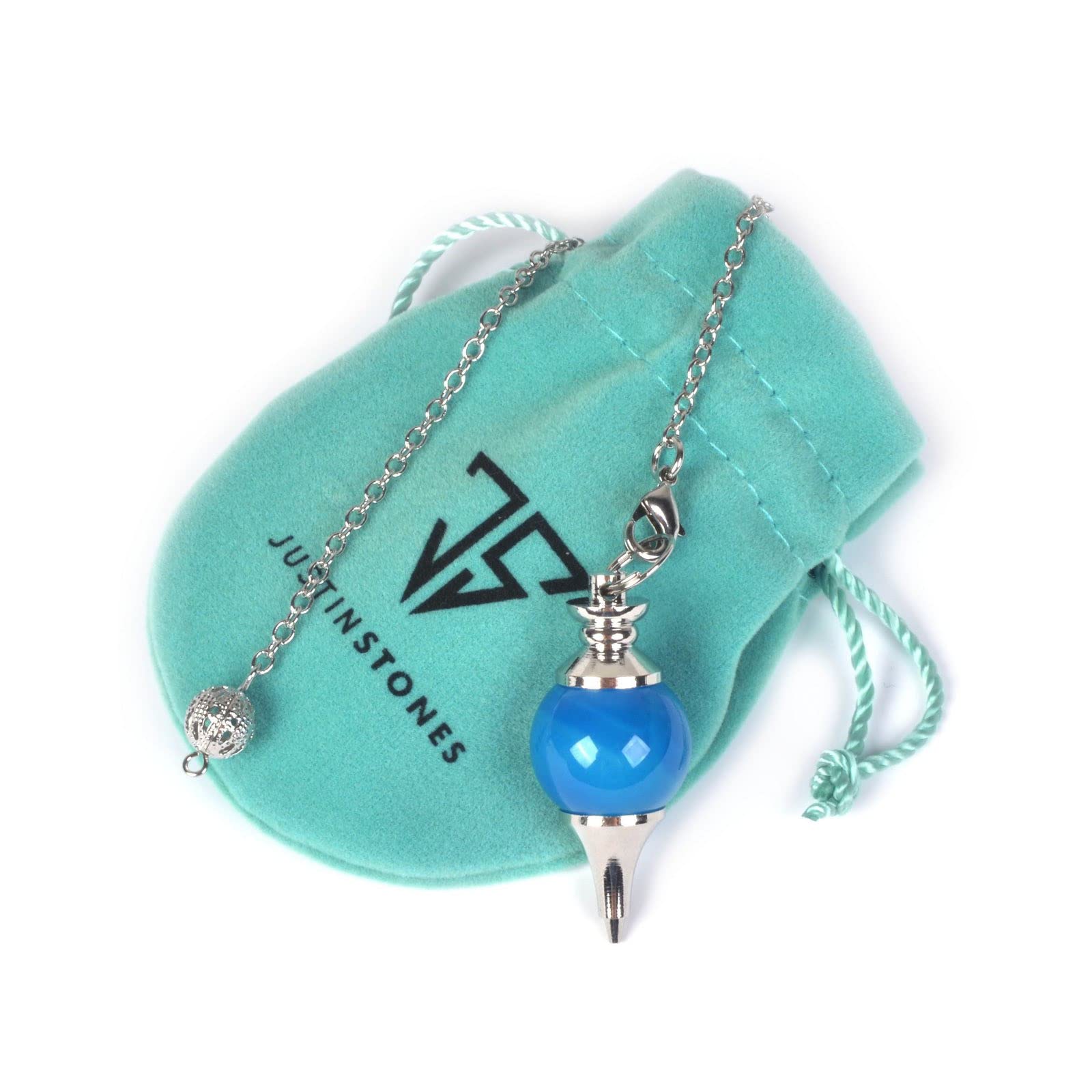Close-up of unique blue agate markings from Justinstones pendulum.