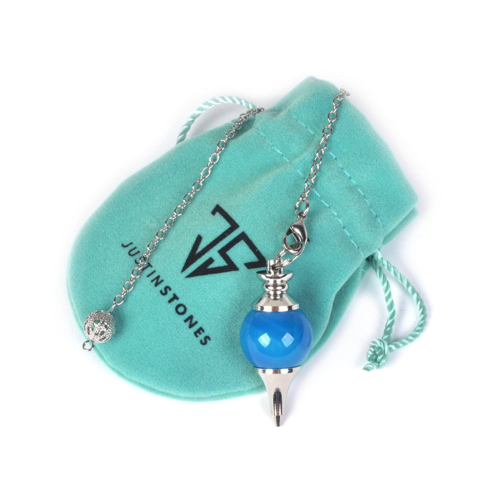 Close-up of unique blue agate markings from Justinstones pendulum.