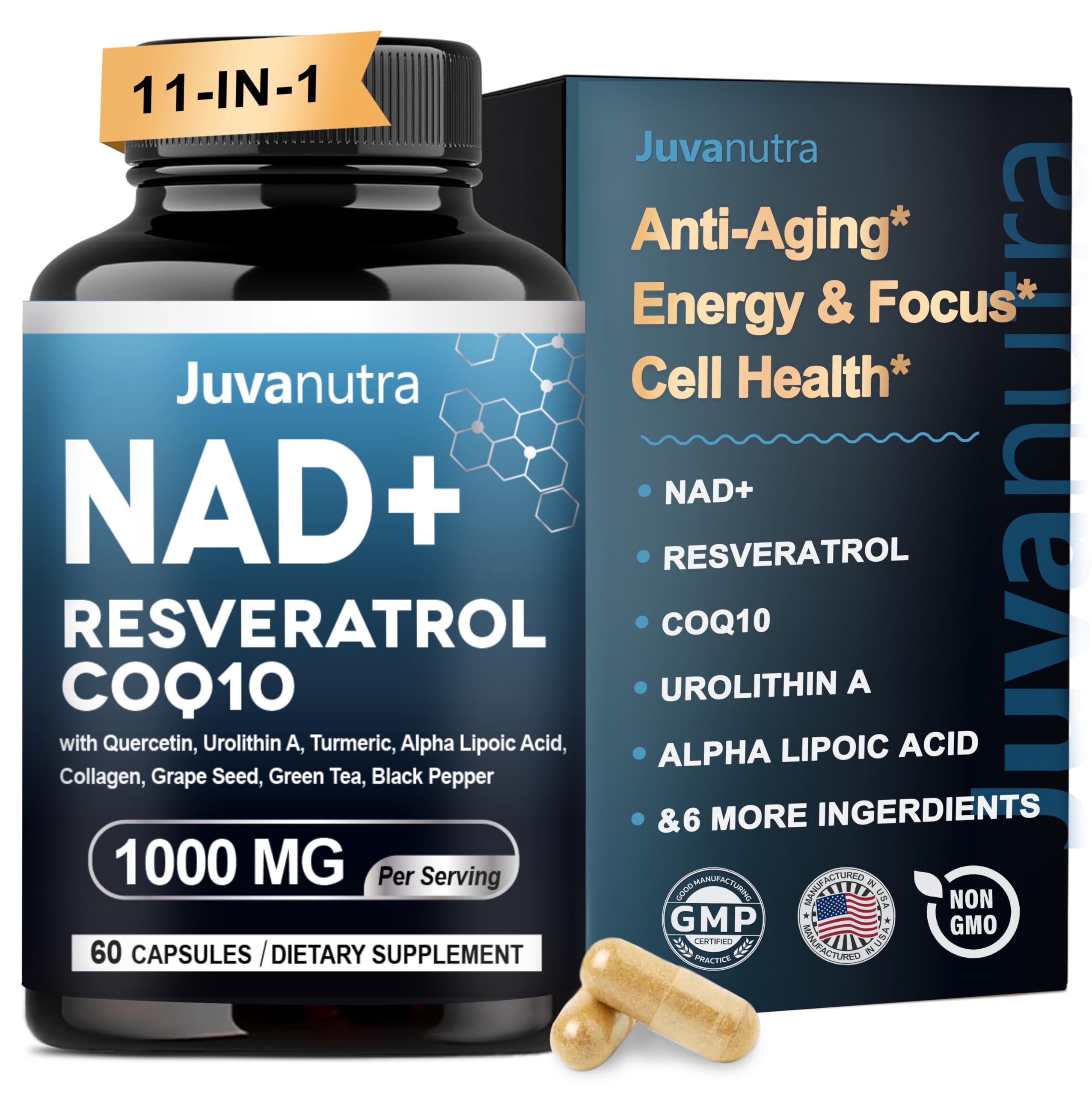 JuvaNutra NAD 11in1 bottle for daily energy and focus support