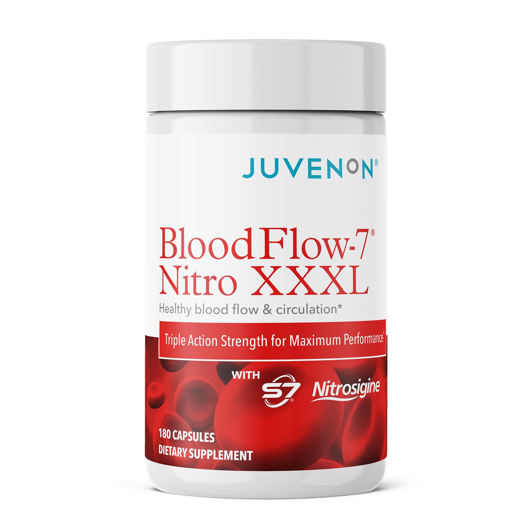 Juvenon BloodFlow-7 bottle front showing nitric oxide support for workouts