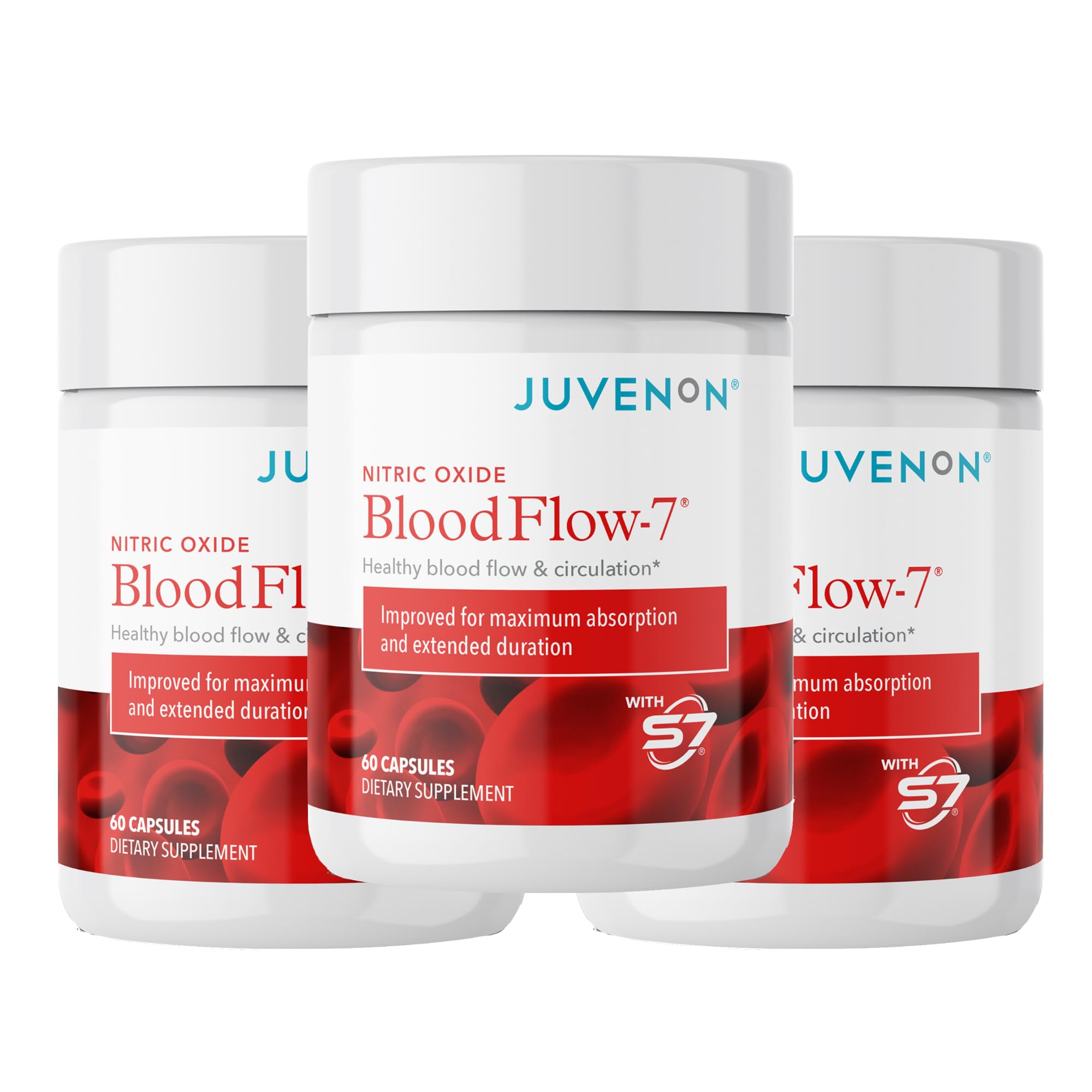 Juvenon BloodFlow-7 bottle on table signaling daily energy support and blood flow.