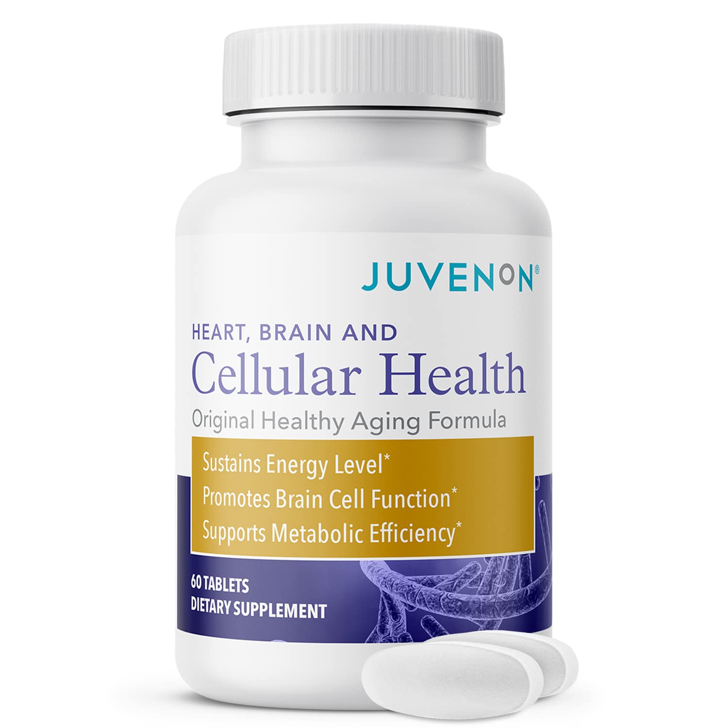 Juvenon Cellular Health bottle with capsules signaling energy and focus support.