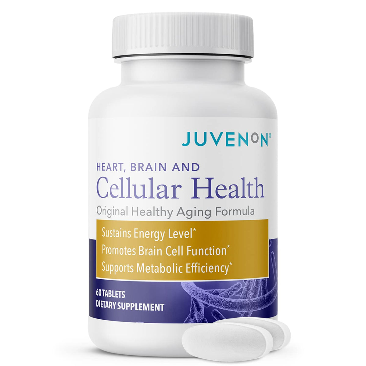Juvenon Cellular Health bottle with capsules signaling energy and focus support.