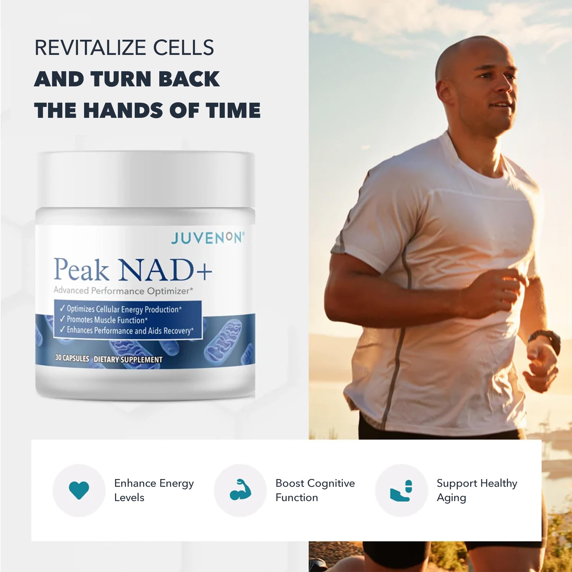 Juvenon Peak NAD+ bottle back highlighting ingredients and regenerative potential