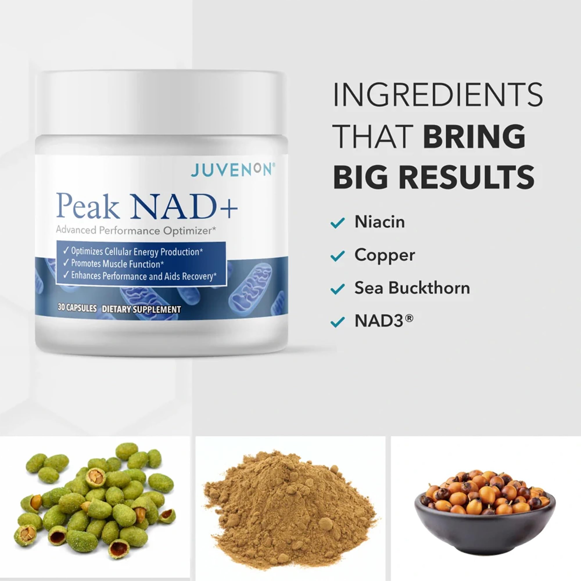 Juvenon Peak NAD+ capsules closeup illustrating supplement form and potency
