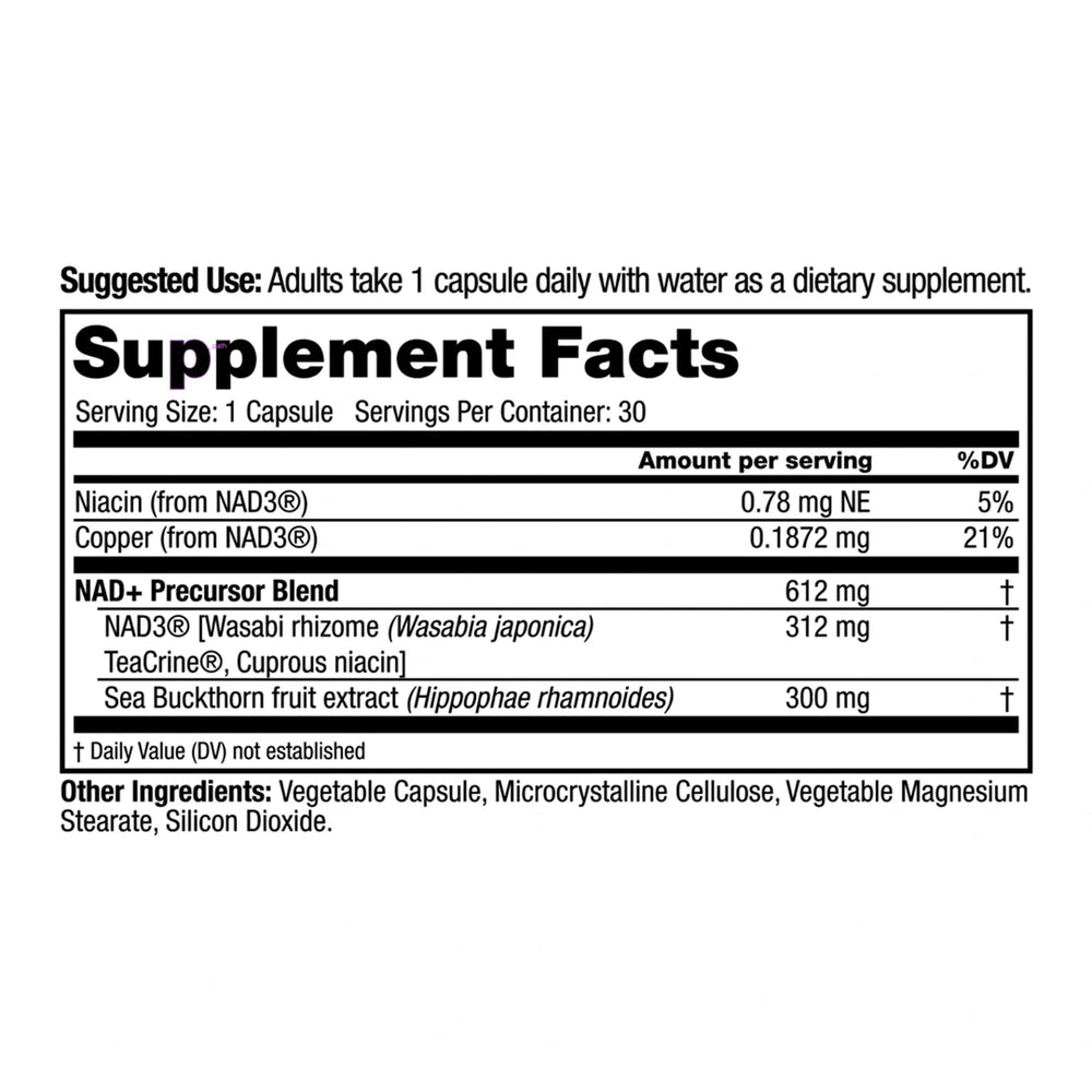 Juvenon Peak NAD+ ingredients panel detail supporting metabolic efficiency