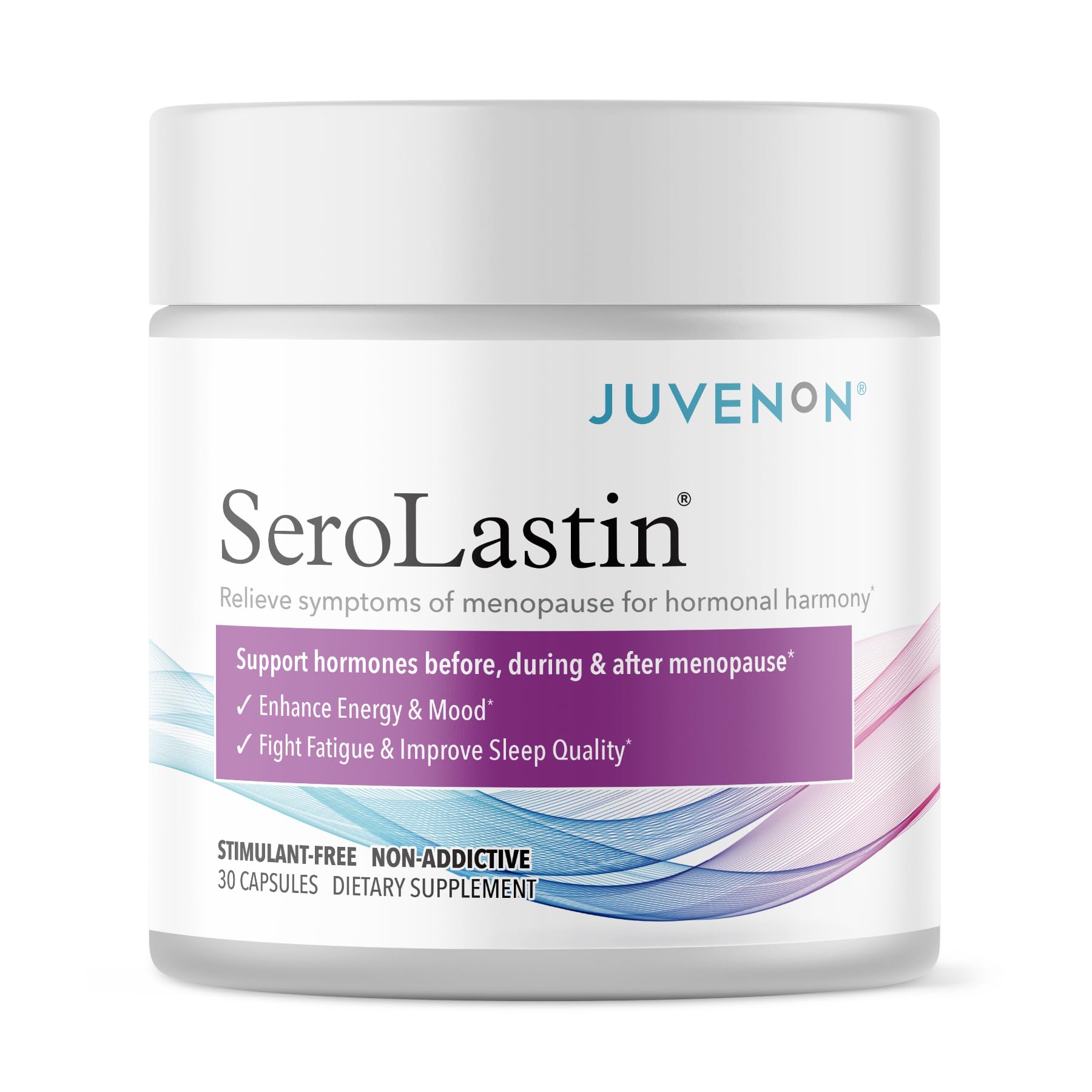 Juvenon SeroLastin bottle front shows menopause support for mood balance on a clean countertop.