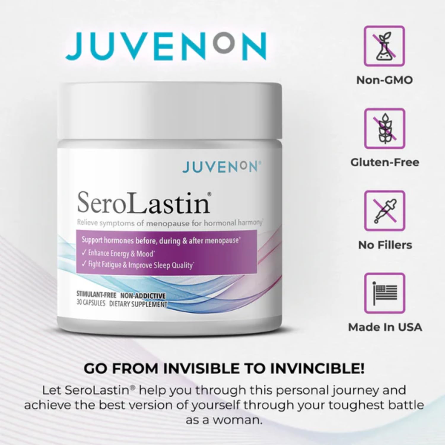 Detailed closeup of Juvenon SeroLastin capsule texture suggesting easy swallowing.
