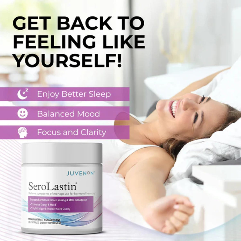 Nightstand scene with Juvenon SeroLastin suggesting a calm evening routine.