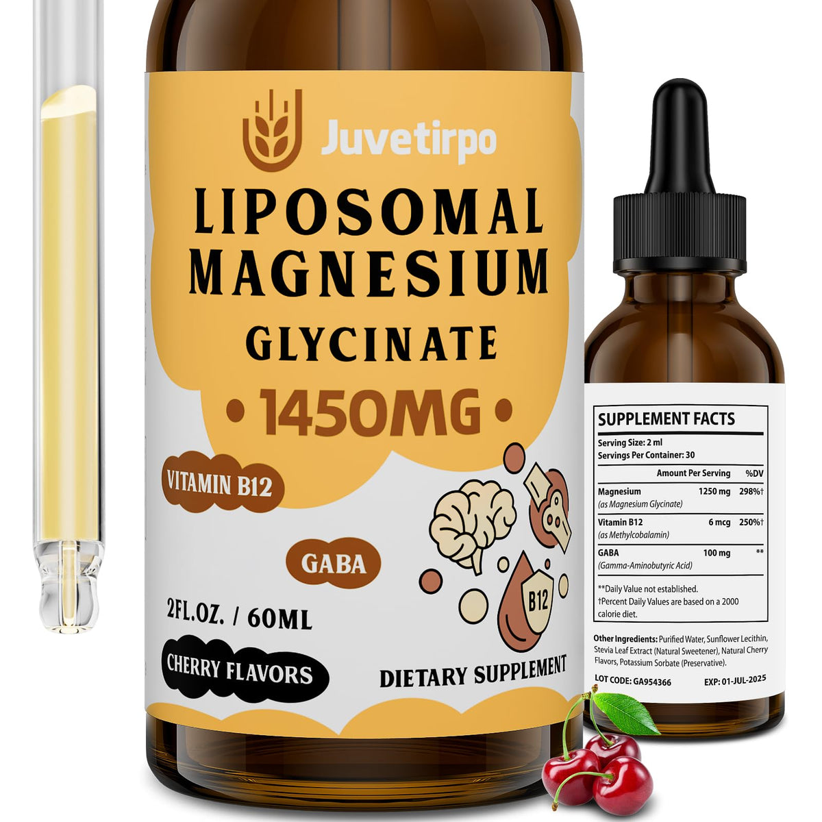 Juvetirpo Magnesium Glycinate cherry bottle shows flavor and easy-use design for nightly routines