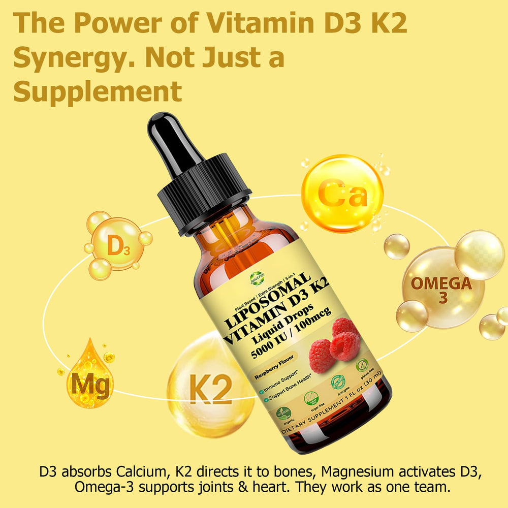 JUIWEFKK D3K2 drops label highlights vegan, non-GMO formula