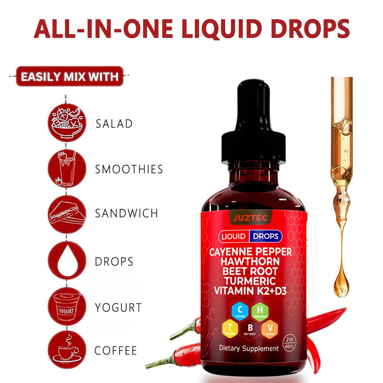 Juztec Cayenne Pepper Drops beet root hawthorn blend, natural plant-based formula.