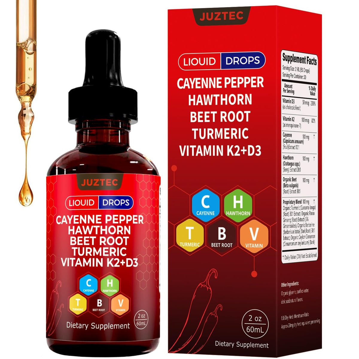Juztec Cayenne Pepper Drops bottle close-up, ideal for on-the-go wellness routines.