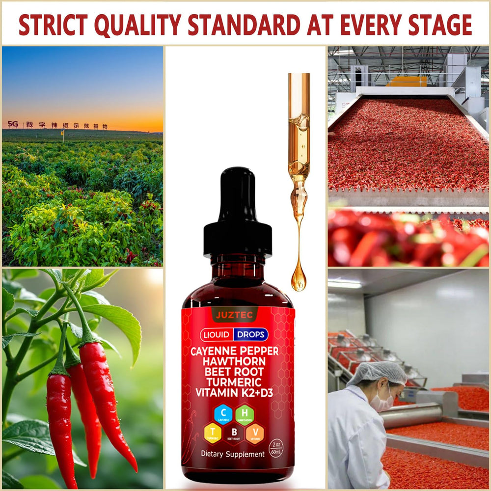 Juztec Cayenne Pepper Drops in a natural setting, vibrant red hue.