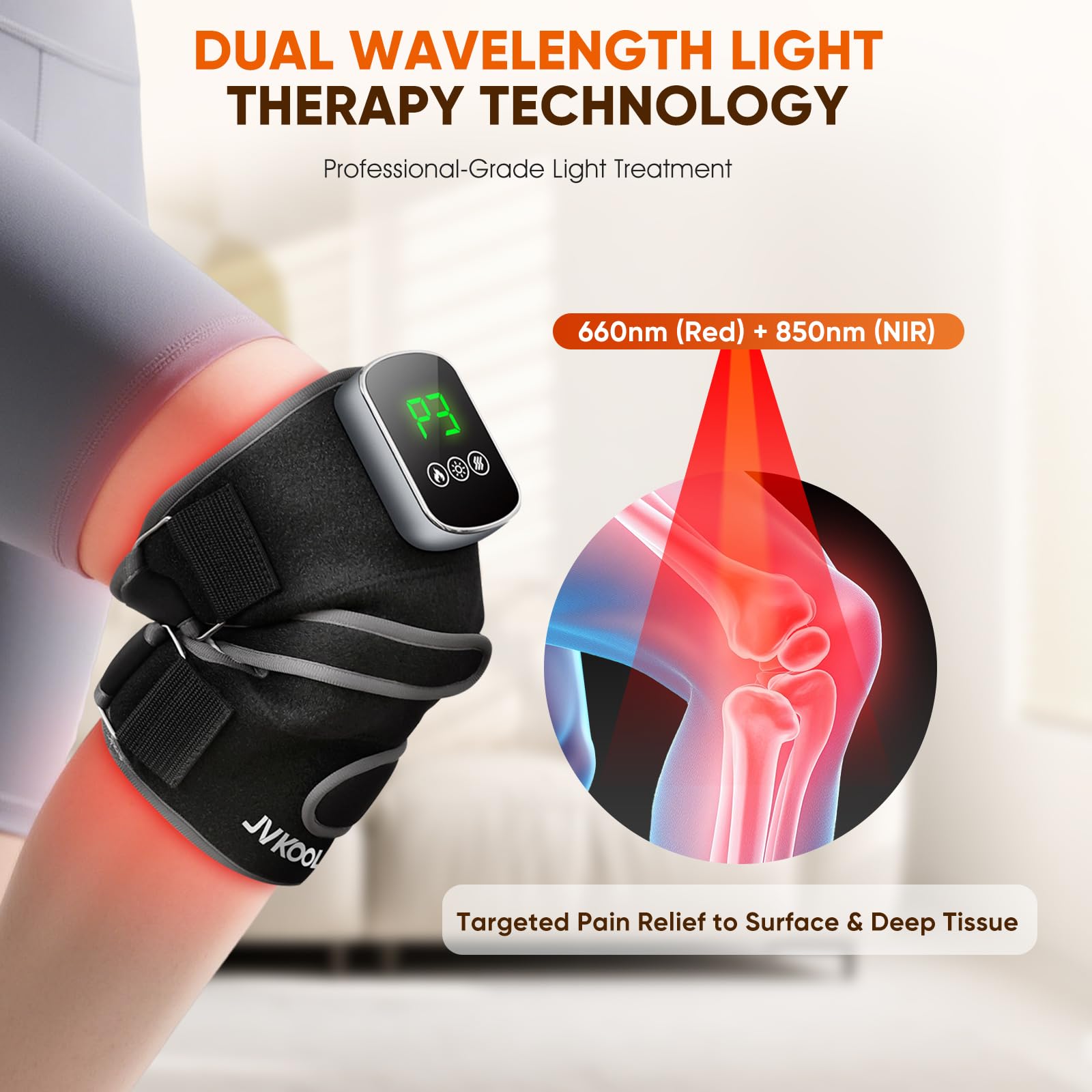 JVKOOL knee massager adjustable temps image demonstrates personalized warmth levels.
