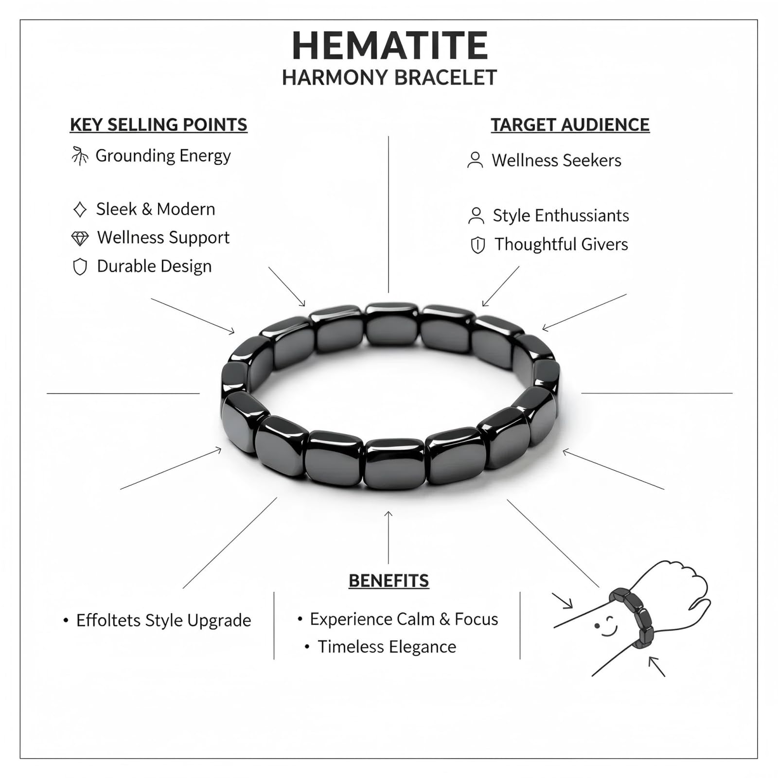 JZSCBYD hematite bracelet shiny black finish for versatile styling.