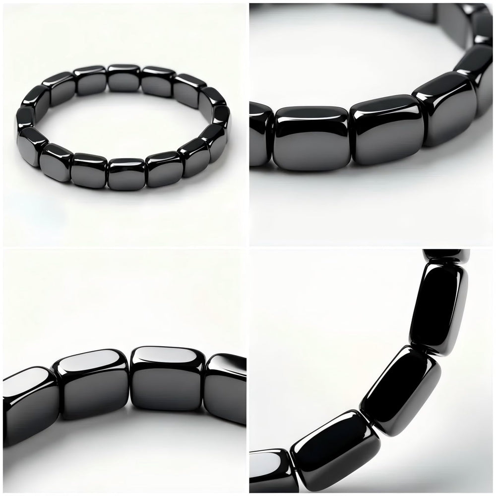 JZSCBYD hematite bracelet stretch cord on wrist, comfortable fit.