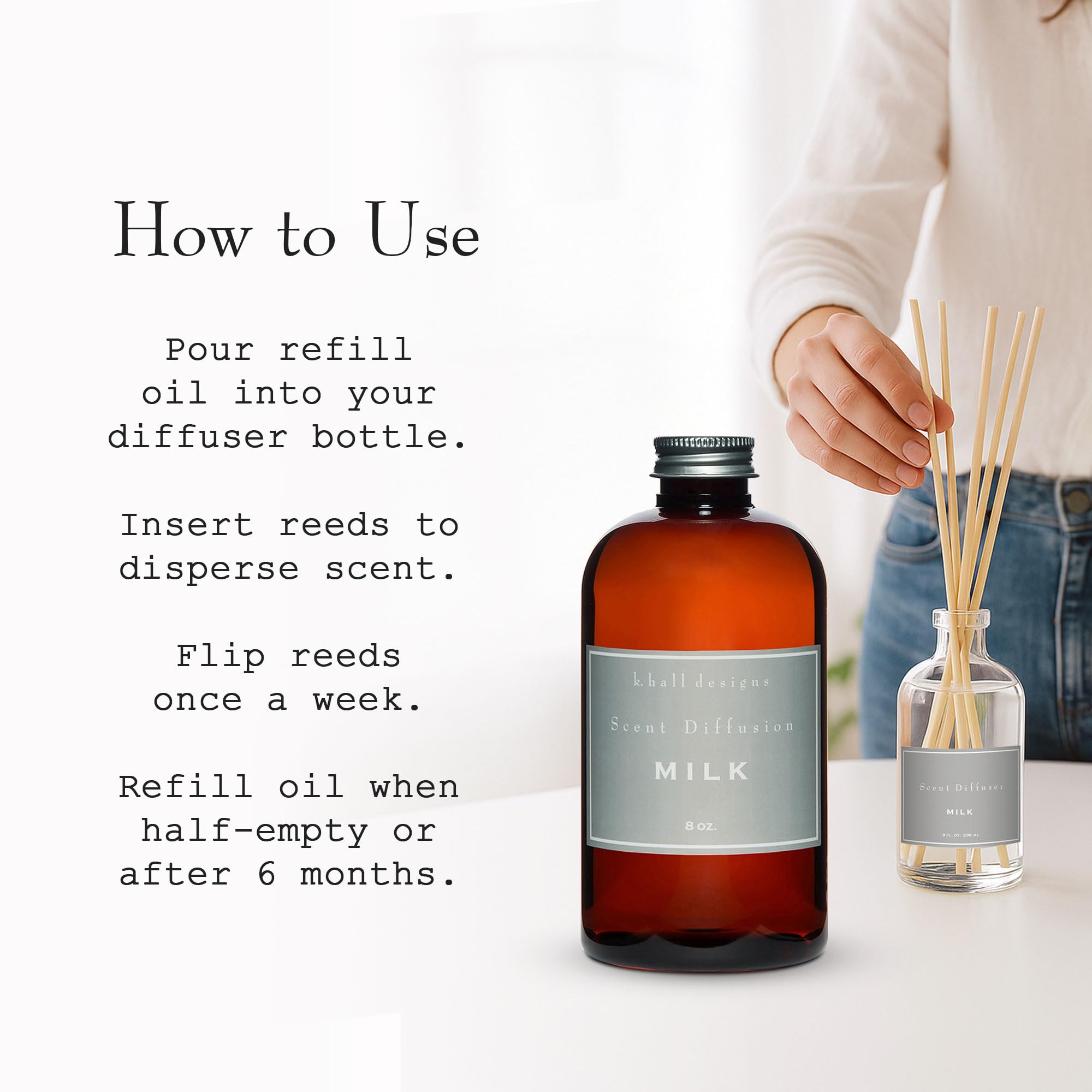 K. Hall Designs Milk Diffuser Oil Refill in amber glass protects fragrance quality.