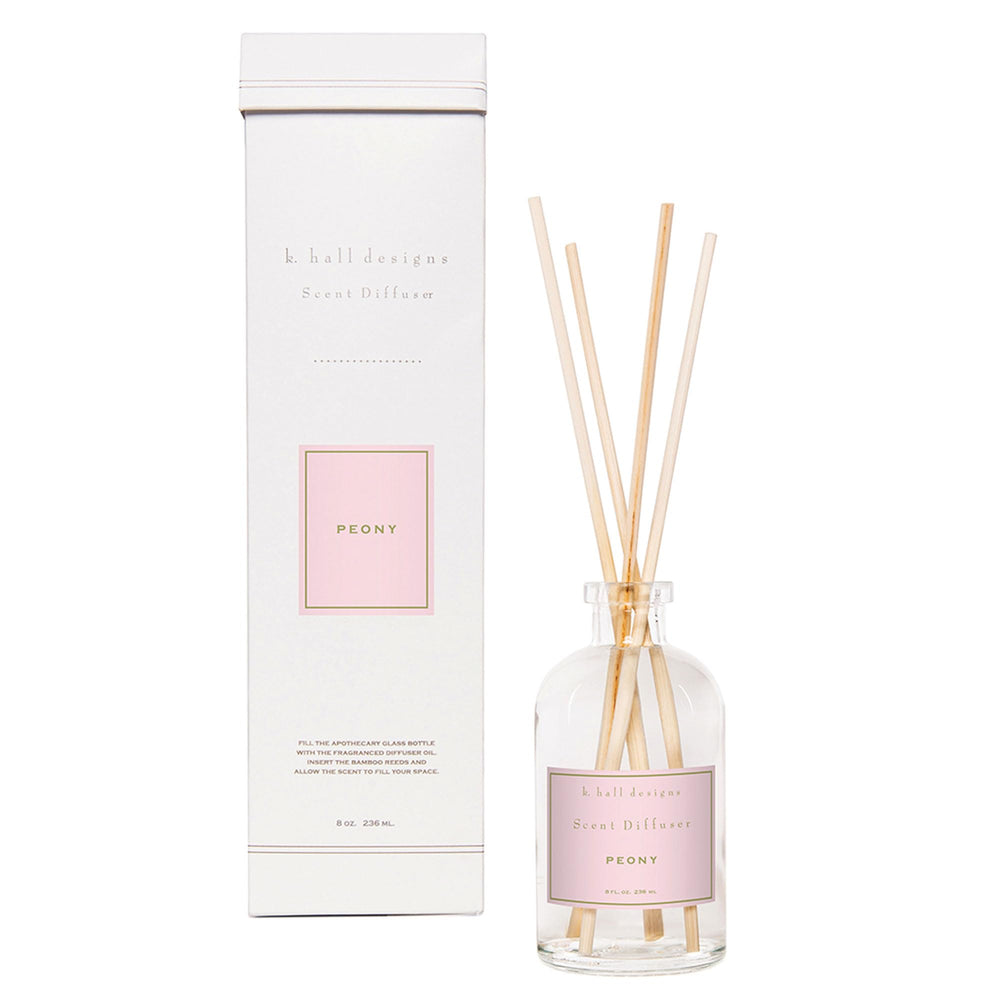 K. Hall Designs Peony Boxed Diffuser Kit bottle close-up showing refillable glass for lasting fragrance